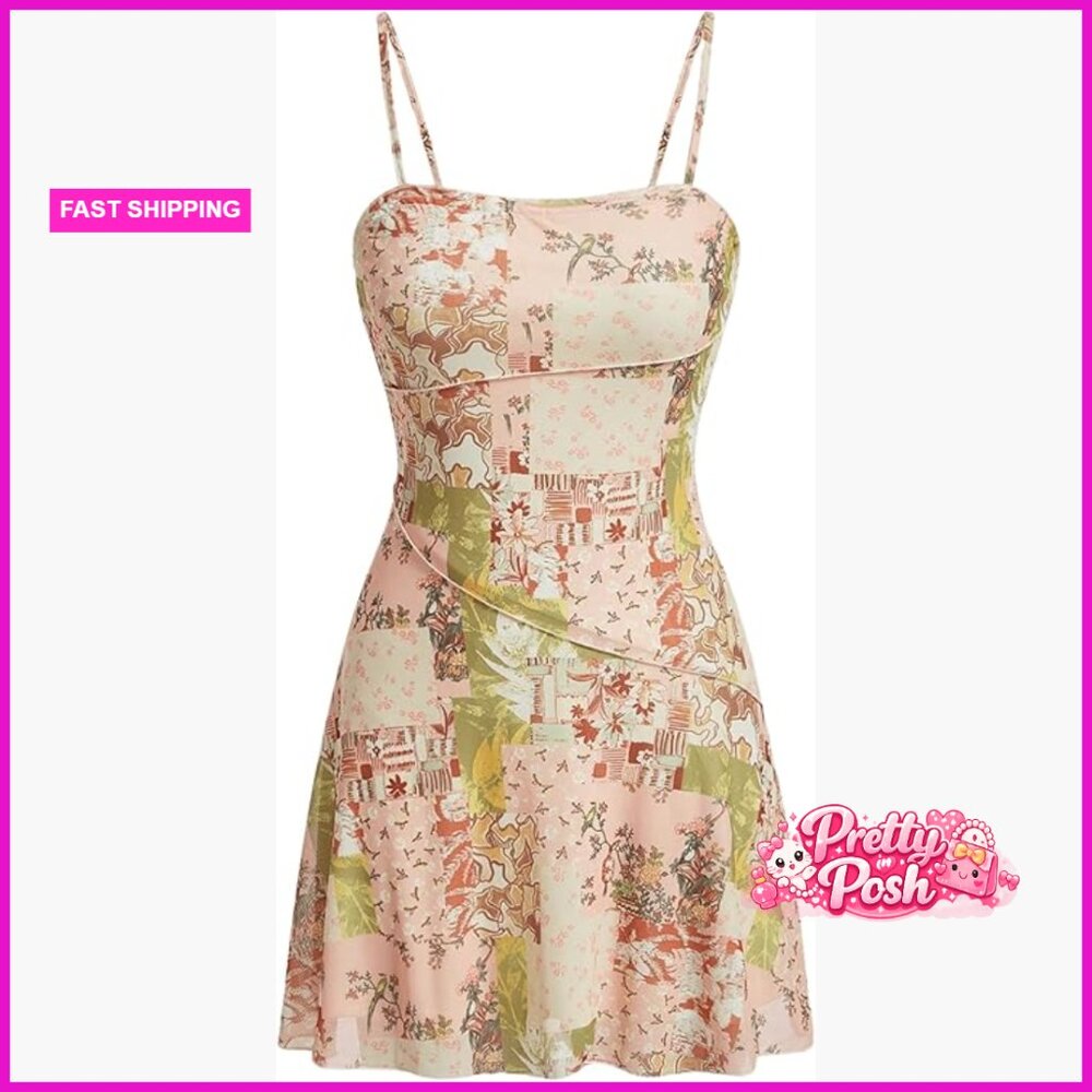 Polyester Blend Patchwork Print Spaghetti Strap F… - image 1